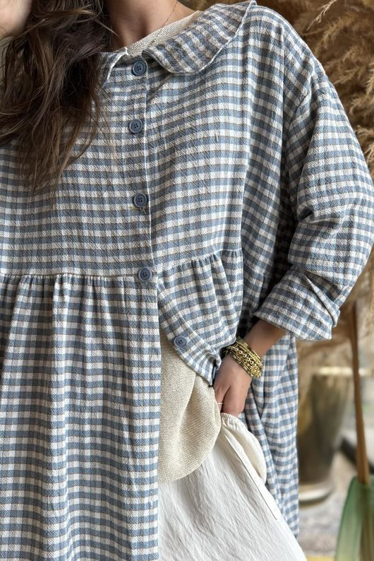 Annie Gingham Peter Pan Frock Coat Denim